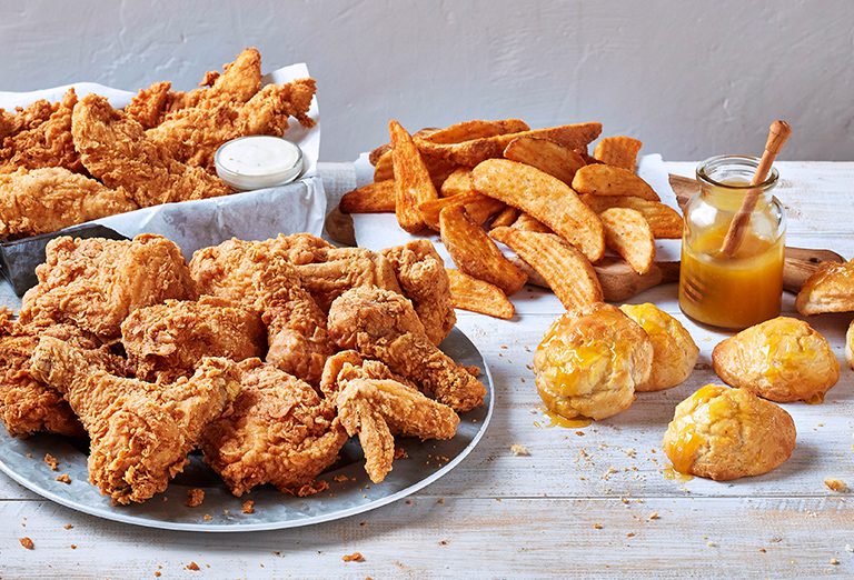 Family-Sized Fried Chicken, Wings, Fries, And Honey Biscuits